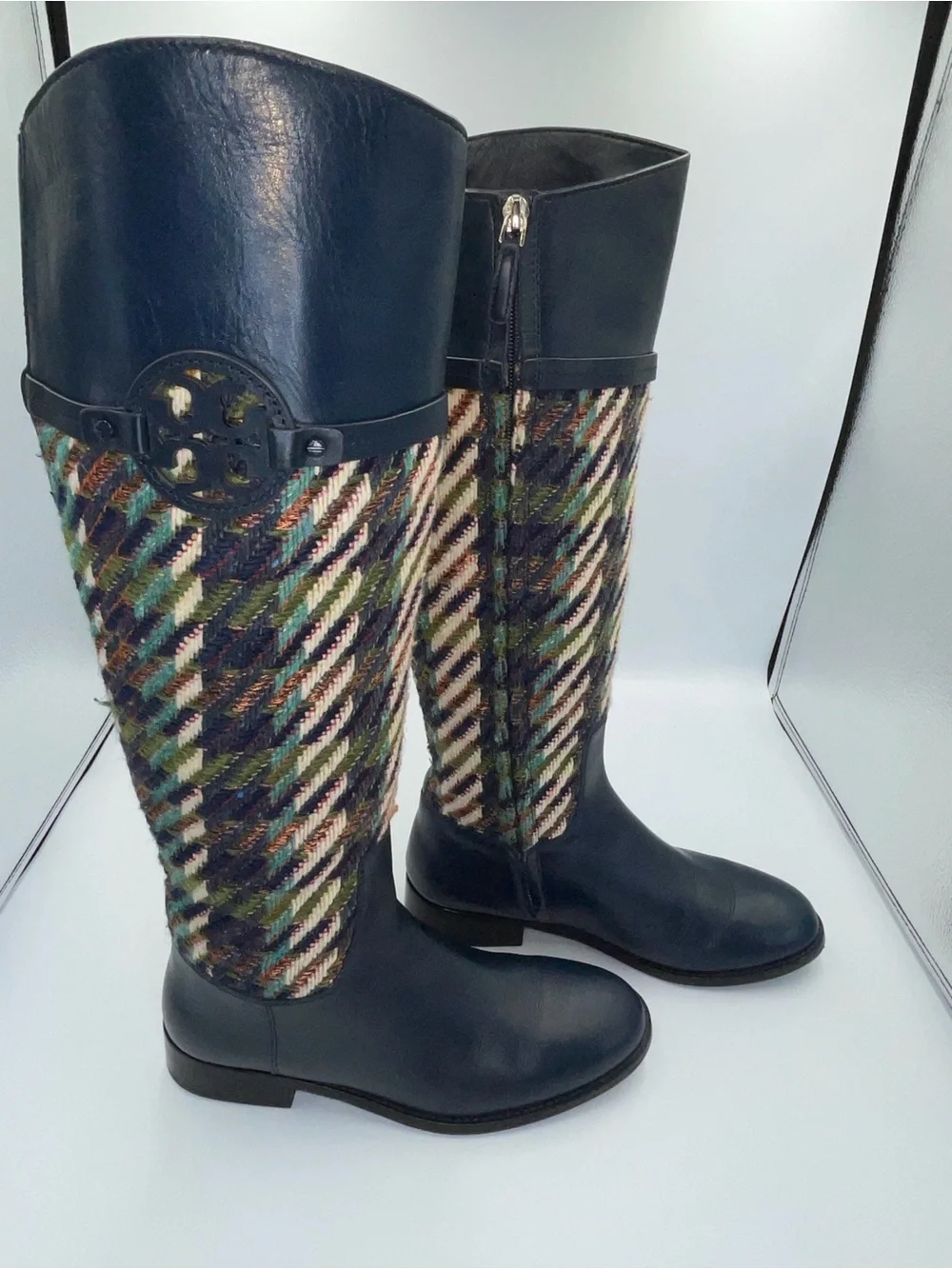 Tory Burch Navy Leather & Multicolor Knit Tall Boots